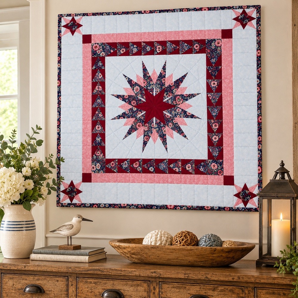Hand Quilted Mariner's Compass Wall Quilt Hanging 36x36 Flying Geese Floral